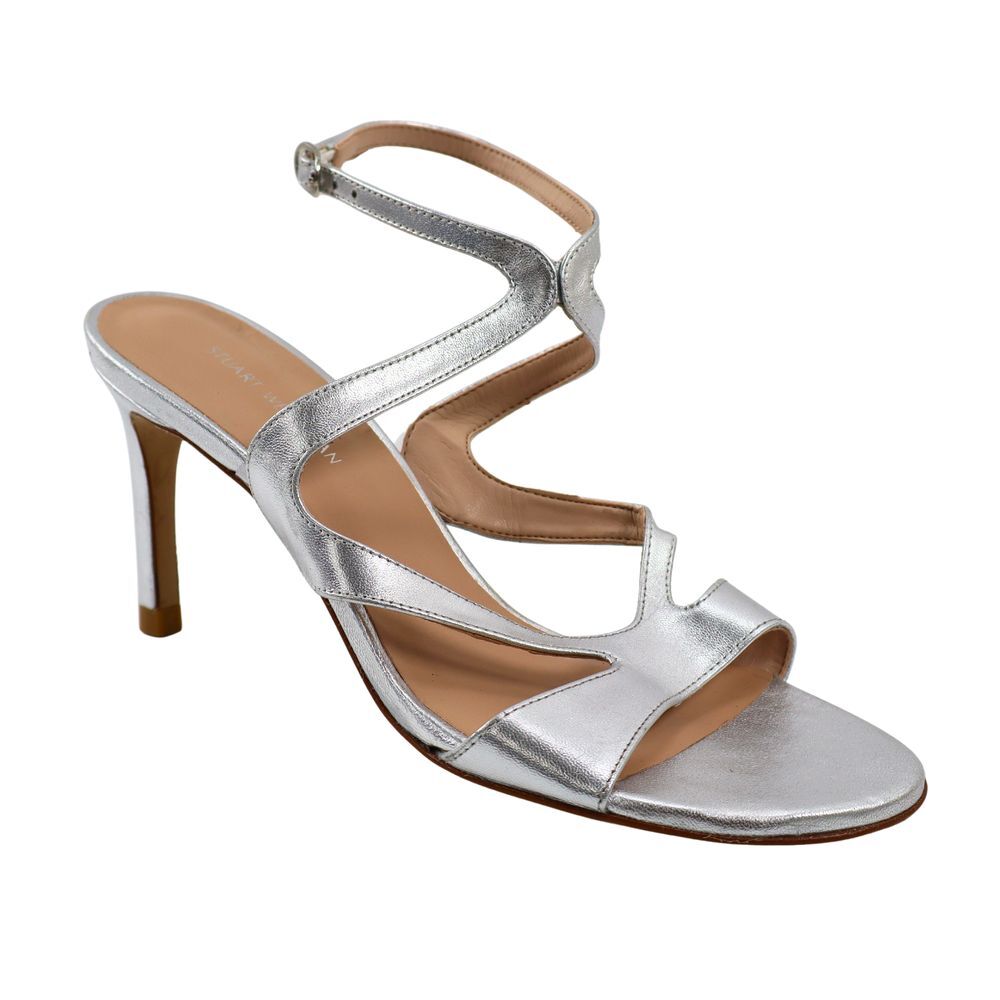 🔥Stuart Weitzman Mariposa Leather Strappy Heel Sandals, Silver 6.5US SHIPS NOW